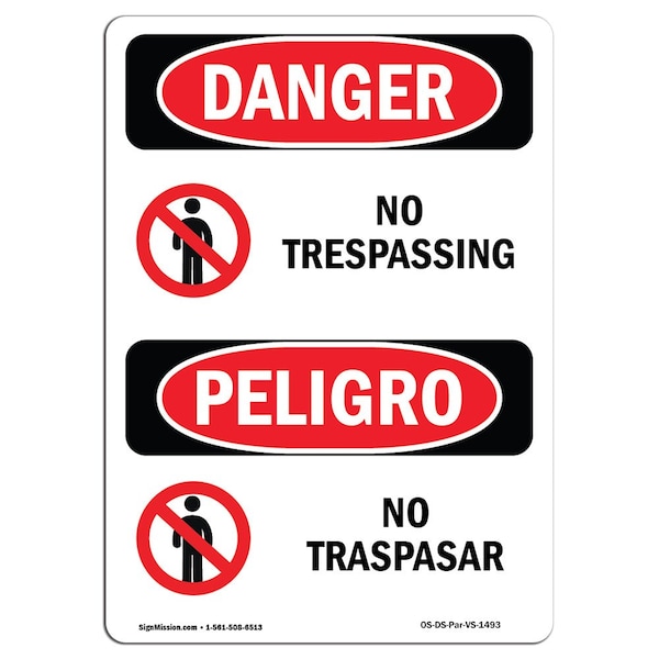 OSHA Sign, 5" Height, No Trespassing, Bilingual Spanish, DS-D-35-VS-1493-10PK